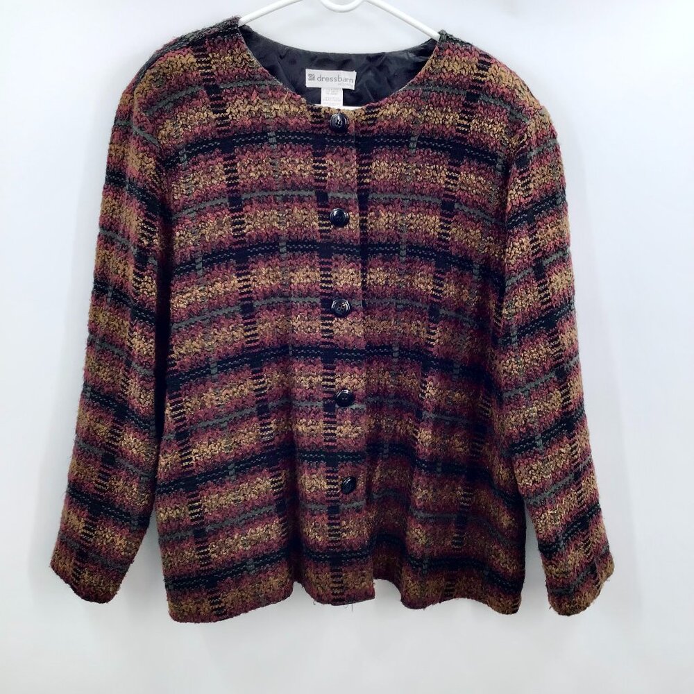 Vintage 1990s Plaid Blazer 3X Grunge Brown Red Jewel Neck Long Sleeve Office USA